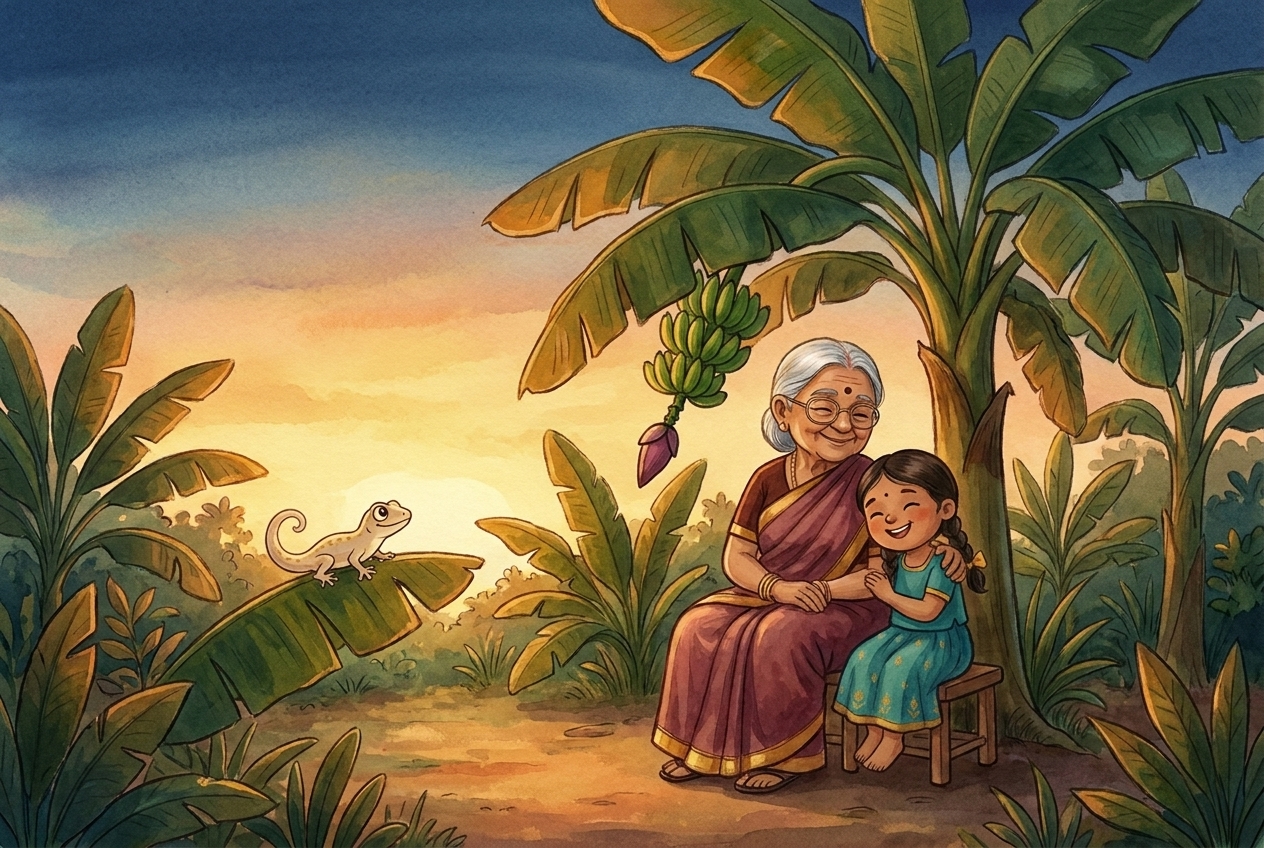 Paati and Tara sitting together under a banana tree at sunset, with a gecko friend