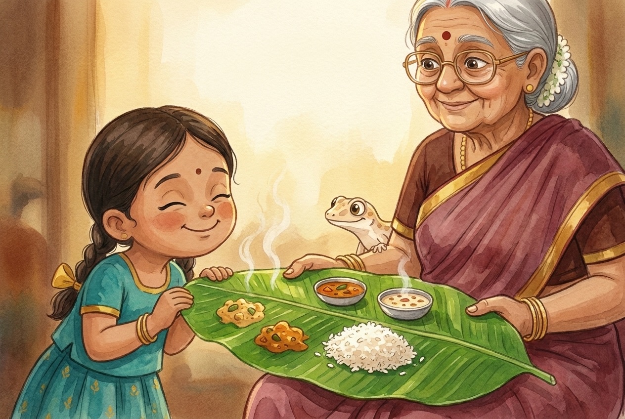 Tara sharing a banana-leaf meal with Paati, gecko perched nearby